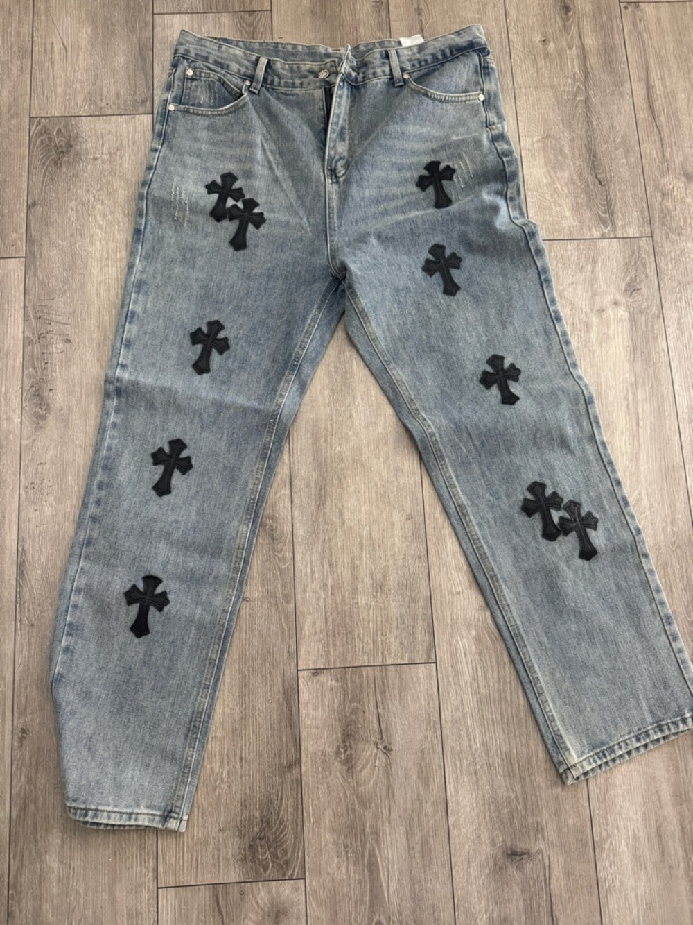 Chrome Hearts Light Blue Denim Jeans with Black Cross Patches